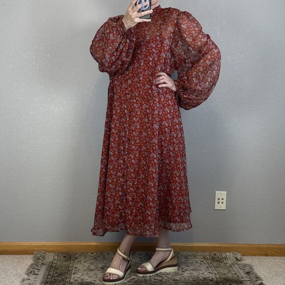 UniqueVintage Women Leota Swing Dress Plus Size 4X 22-24 Rust Floral Puff Sleeve - Picture 1 of 10